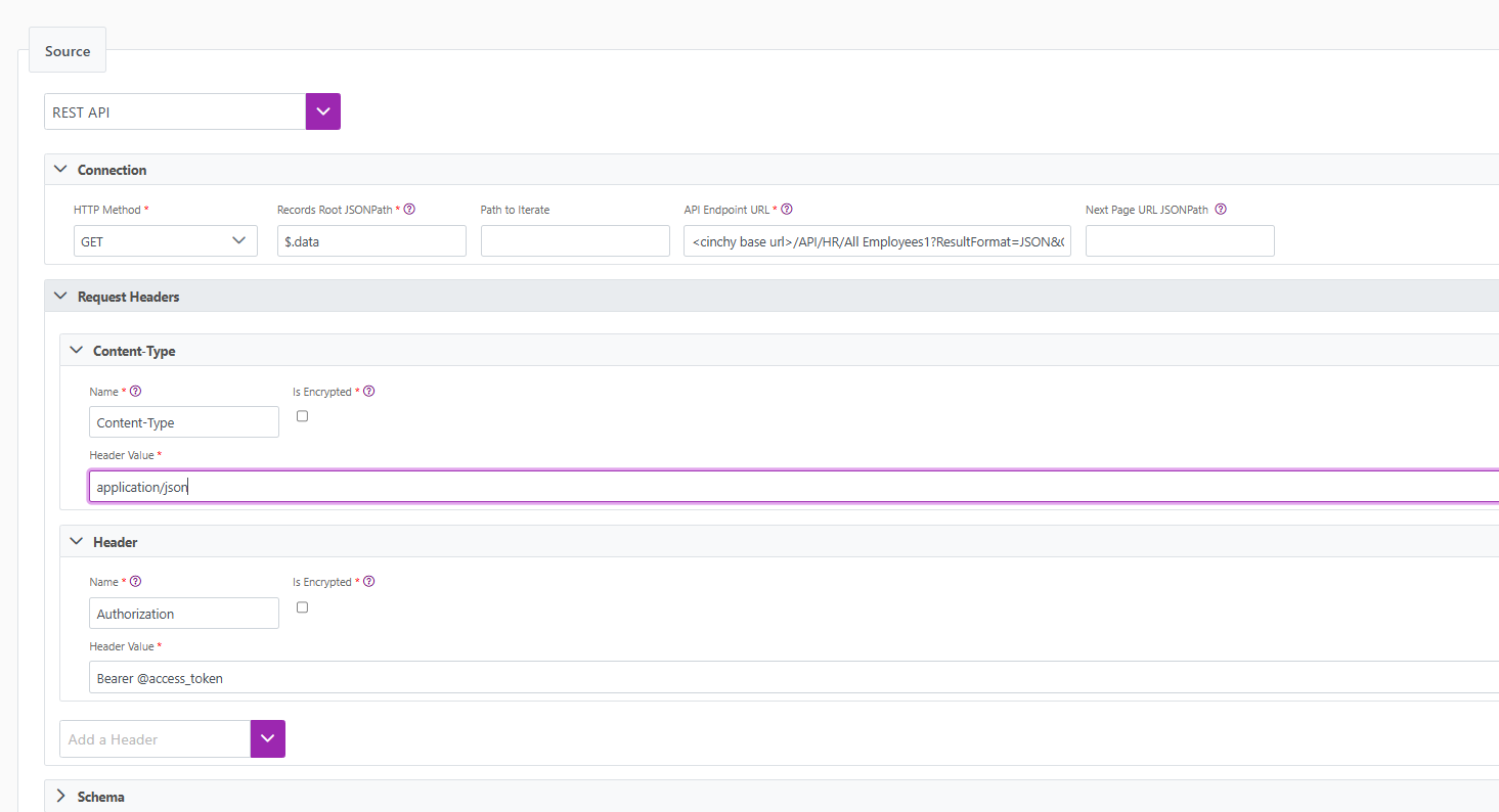 Using a bearer token for a REST API source sync